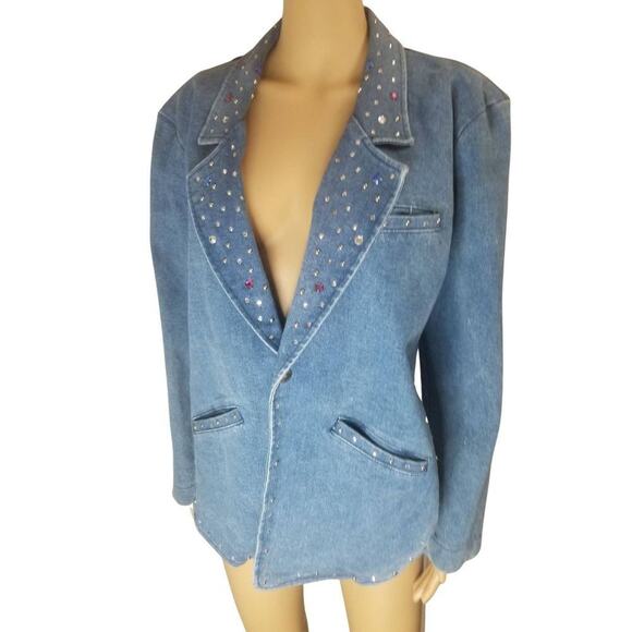 VINTAGE TUXEDO JEAN JACKET by Explosive Crystal Adorned Collar Size Large - Picture 5 of 10